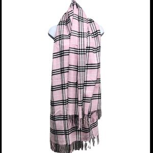 Rong Jia MONGOLIAN CASHMERE Plaid Scarf Pink Black Tartan Shawl Wrap Fringe